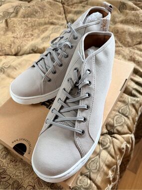 Dr. Martens Men’s High-Top Canvas Boots in Light Gray with Tan Trim
